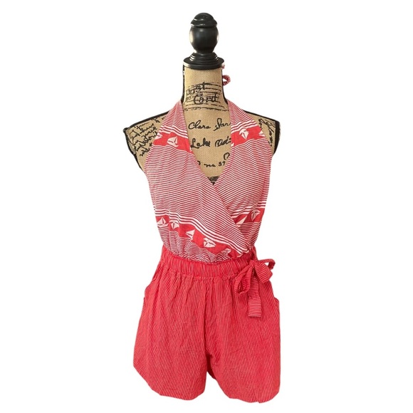 FAITHFULL THE BRAND Beachcomber Playsuit Romper Halter Red White Sailboat Size 4 - Picture 1 of 9